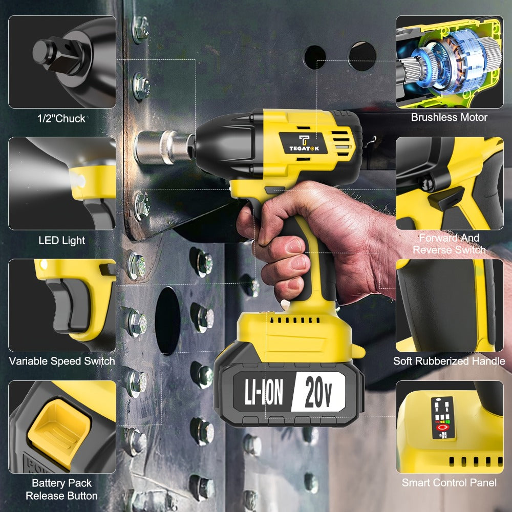 20V Brushless Power Tool Combo Kit | 4-Tool Cordless Set with Impact Wrench, Hammer Drill, Angle Grinder & Electric Drill – 3 Batteries Included for Home Renovation & Construction