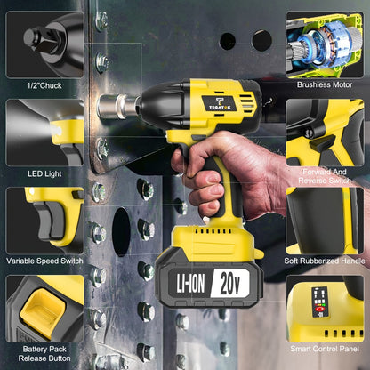 20V Brushless Power Tool Combo Kit | 4-Tool Cordless Set with Impact Wrench, Hammer Drill, Angle Grinder & Electric Drill – 3 Batteries Included for Home Renovation & Construction