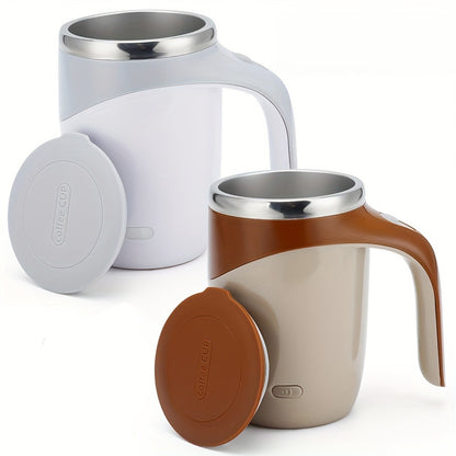 Self Stirring Coffee Mug with Magnetic Stirring Technology – 13.3oz Stainless Steel Travel Mug, No Battery Needed, Spill-Proof Lid & Ergonomic Handle, Reusable Coffee Cup Gift Set – White & Beige