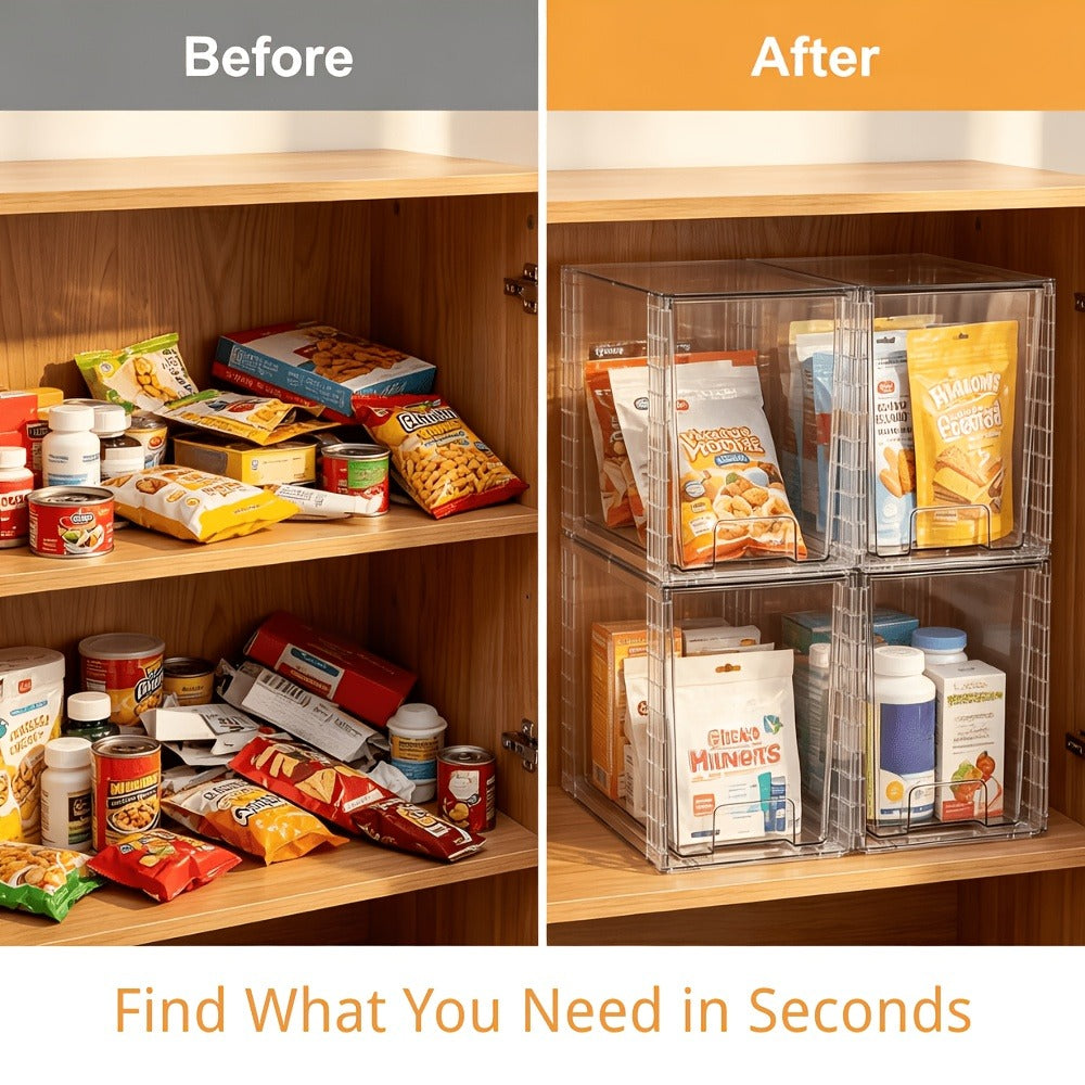 Under Sink Organizer 4 Pack - Clear Stackable Plastic Storage Bins, Drawer Organizer for Bathroom, Kitchen Cabinet, Pantry & Vanity - 9.7" High Undersink Storage