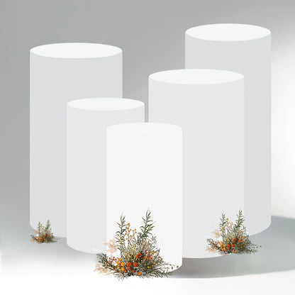 Cylinder Pedestal Stand Covers 5pcs – Stretch Fabric Pillar Covers for Wedding Party Birthday Baby Shower Dessert Table Backdrop Decor White Pink