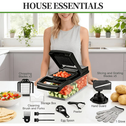Vegetable Chopper 18-in-1 Multifunctional Food Chopper & Mandoline Slicer with Container – Onion Dicer, Adjustable Cutter for Kitchen Meal Prep, Gray
