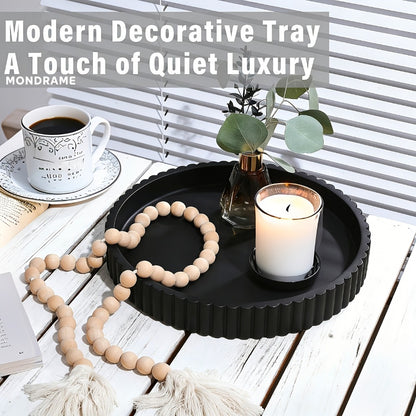 Wood Decorative Tray for Coffee Table 11 Inch Round Boho Serving Tray Wooden Centerpiece for Living Room Ottoman Console Table Jewelry Organizer Accent Decor Tabletop Storage Tray White Black