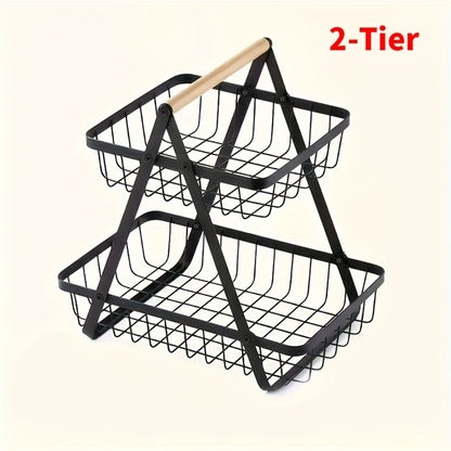 Metal Wire Bathroom Storage Basket with Wooden Handle Multi-Tier Countertop Organizer Detachable Fruit Basket Kitchen Pantry Bedroom Desk Organization