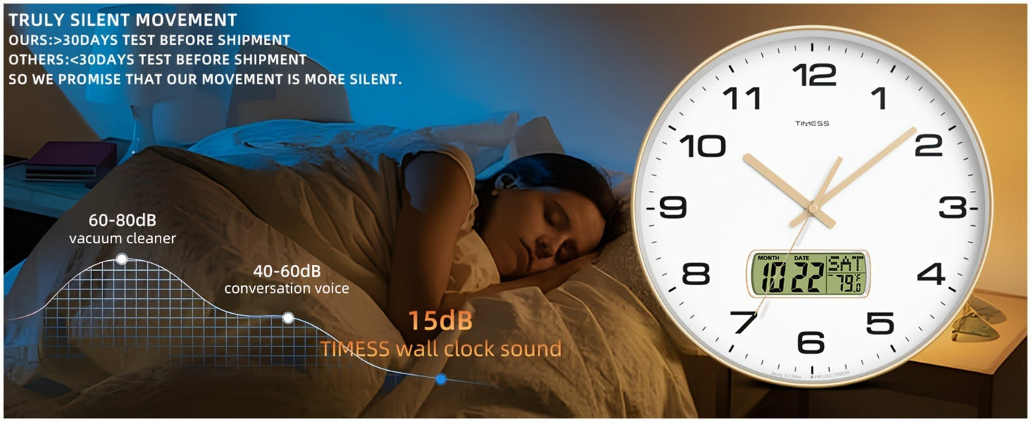Silent Wall Clock Round Analog 10/12 Inch – Battery Operated, Calendar & Temperature Display, Non-Ticking Quiet Movement for Bedroom, Office & Living Room, Multiple Colors