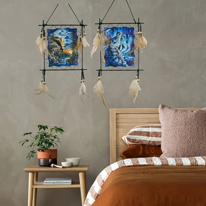 Wolf Eagle Dream Catcher Wall Art 2pcs Canvas Print Boho Native American Totem Hanging Decor with Feathers Wooden Beads Vintage Iron Frame for Living Room Bedroom Entryway TV Background