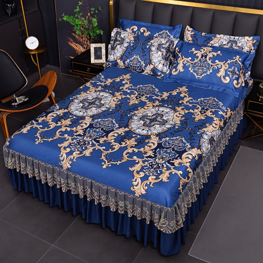 Floral Ruffle Bed Skirt Cool Mat 3 Piece Set with Pillowcase, Double Layer 360° Full Wrap Washable Cooling Mattress Cover, Breathable Summer Bedding Set for Twin Full Queen King, Parisian Romantic Floral