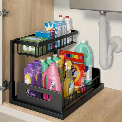 2-Tier Pull-Out Cabinet Organizer Metal Sliding Drawer, Kitchen Sink Storage Container for Bathroom Tabletop Study, Push-Pull Stackable Organizer for Kitchen Bathroom Cabinet