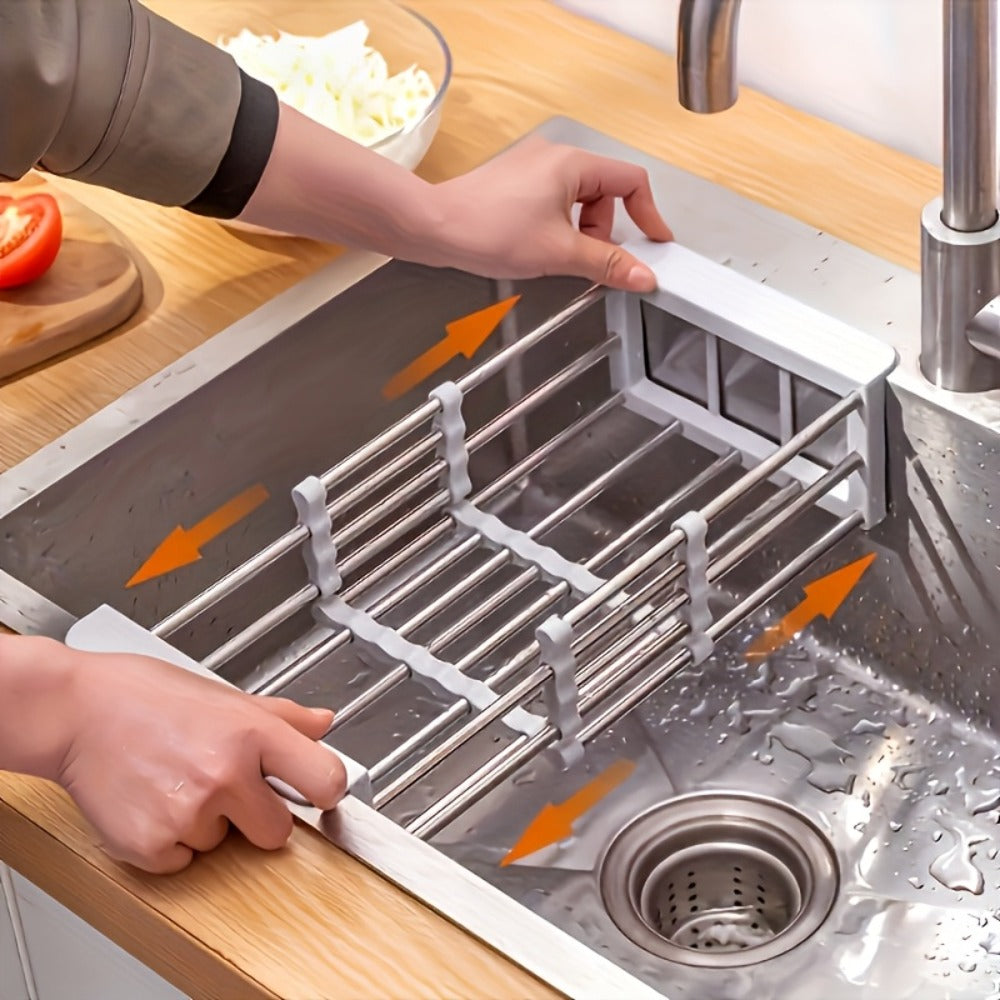 Dish Drying Rack Stainless Steel Adjustable – Expandable Over Sink Dish Rack with Retractable Width & Height for Kitchen Countertop, Space-Saving 304 Stainless Steel Drainer, Easy to Clean