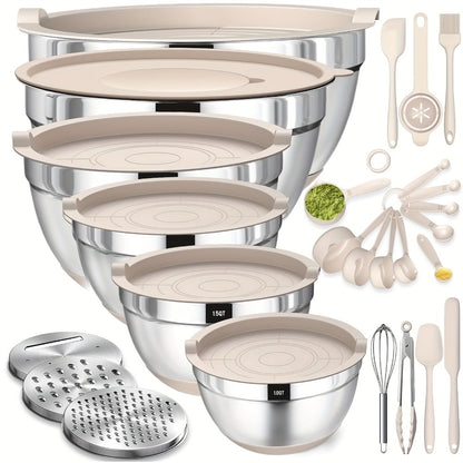 Mixing Bowls Set with Airtight Lids – 26pcs Stainless Steel Bowl Set with 3 Grater Attachments, Non-Slip Bottoms, Sizes 1–7QT – Kitchen Bowls for Mixing, Serving, Baking & Meal Prep