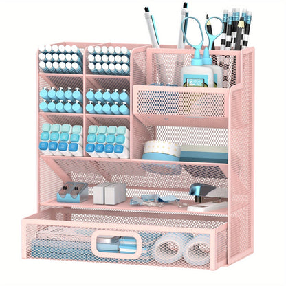 Mesh Desk Organizer with Drawer – Multifunctional Desktop Pen Holder & Office Supply Organizer for Home Office, School & Art Studio – Pencil Cup Caddy with Storage Compartments, Multiple Colors Available
