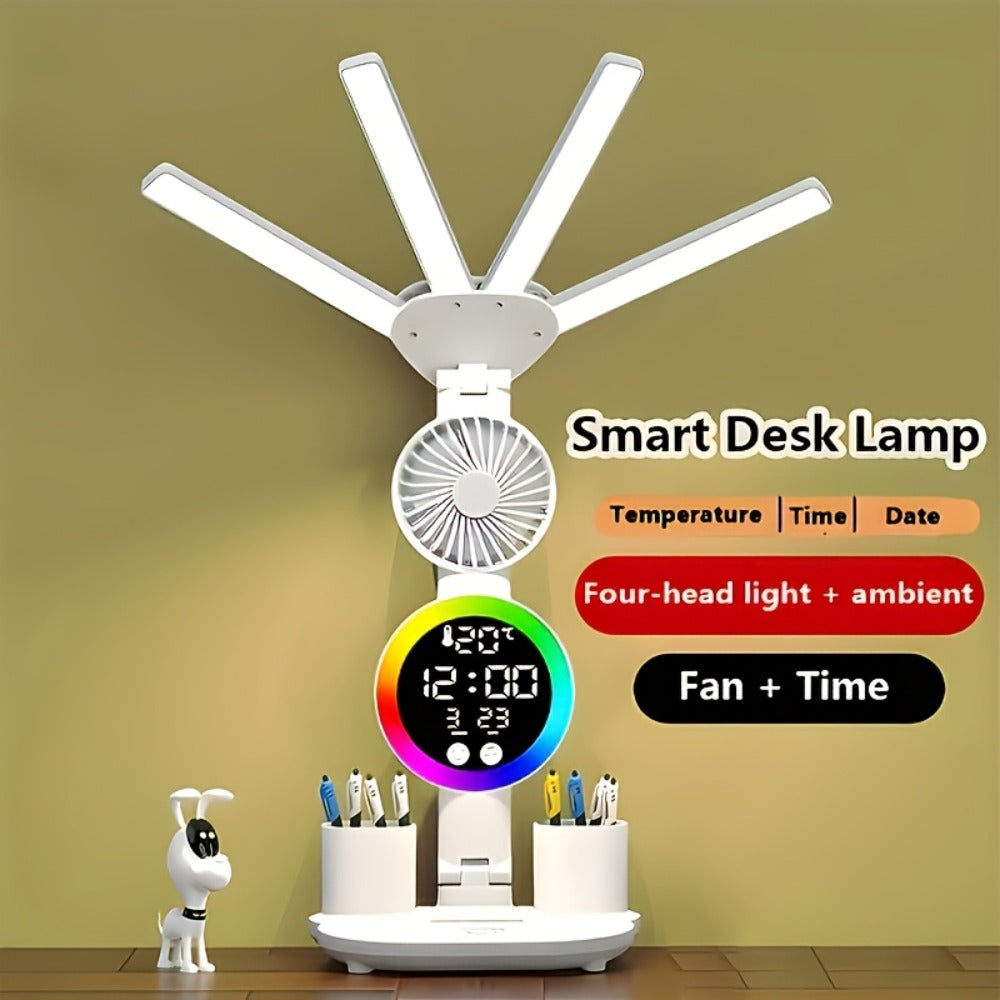 LED Desk Lamp with USB Touch Control Adjustable Brightness Color Changing Built-In Fan Night Light Eye-Caring for Home Office Dorm Study Multi-Angle