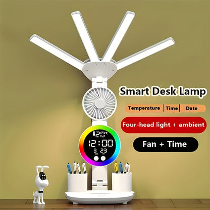 LED Desk Lamp with USB Touch Control Adjustable Brightness Color Changing Built-In Fan Night Light Eye-Caring for Home Office Dorm Study Multi-Angle
