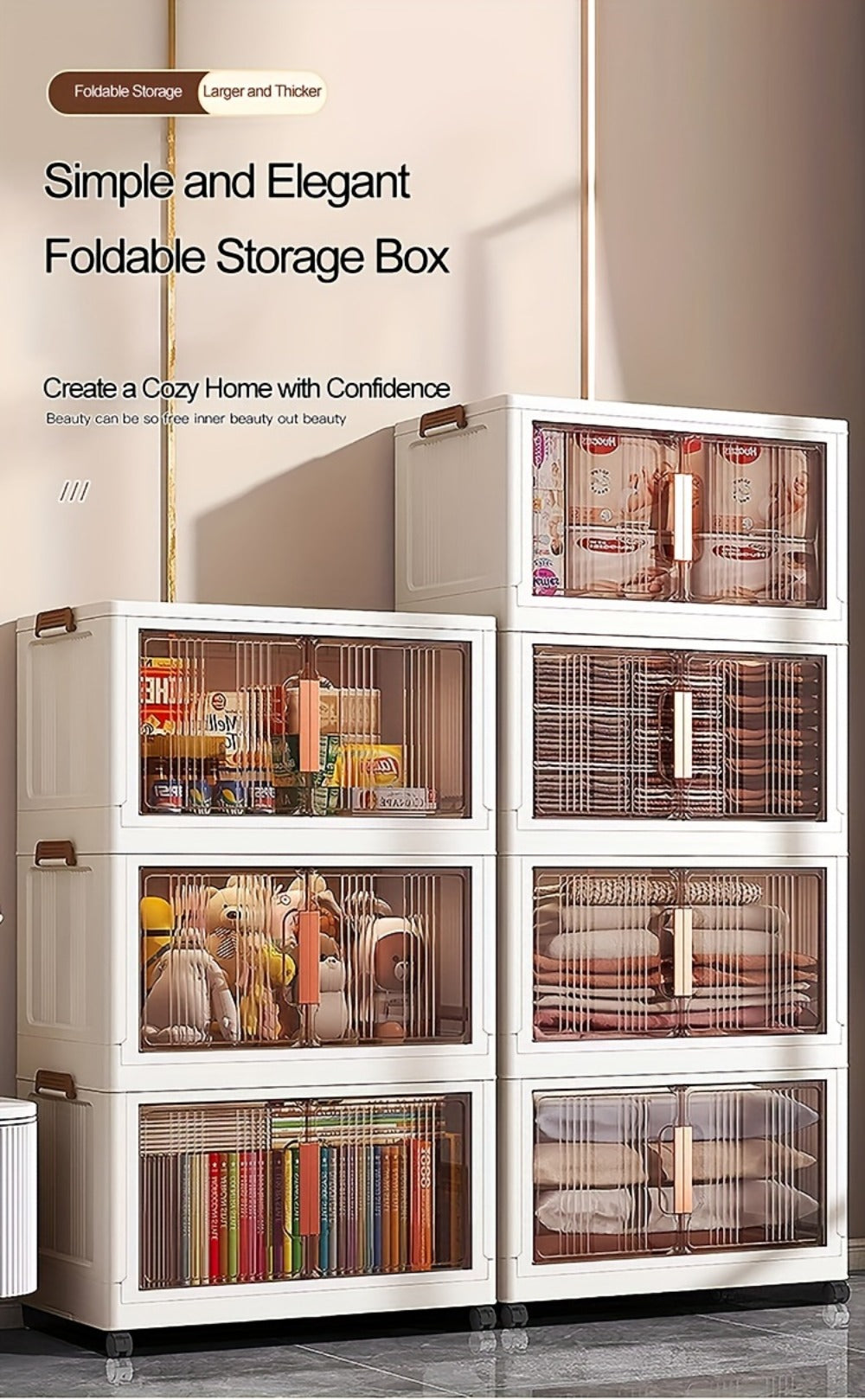 Folding Storage Cabinet with Wheels, 3/4/5-Tier Stackable Plastic Storage Bins with Lids & Magnetic Doors, Foldable Large Organizer with 360° Lockable Wheels for Home Office Kitchen Bathroom Garage