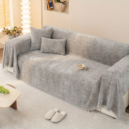 Chenille Sofa Cover with Fringe 300GSM - Super Soft Pet Friendly Solid Couch Slipcover for Single 2 4 Seater Living Room Decoration, 4 Colors