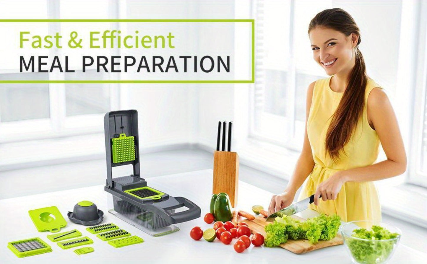 Vegetable Chopper 16-in-1 Manual Food Chopper Set – 8 Interchangeable Blades with Container, Grater & Strainer – Professional Onion Slicer & Dicer for Carrots, Garlic & Salad Kitchen Prep