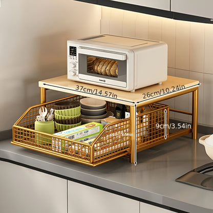 2-Tier Kitchen Countertop Organizer with Drawer & Wire Basket – Hardwood & Metal Storage Shelf for Coffee Maker, Utensils & Spices
