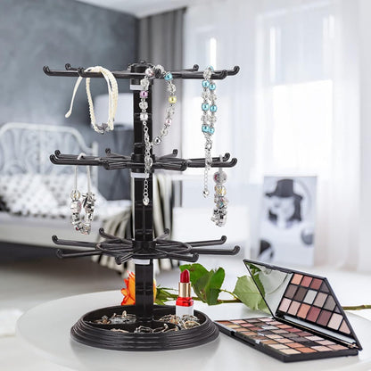 Rotating Jewelry Stand 2-Tier Black – Necklace Bracelet Earring Organizer Display Rack, Plastic Hanging Jewelry Tower for Dressing Table Counter, Keychain Holder, No Electricity Needed
