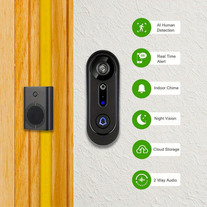 Wireless Video Doorbell Camera 1080P HD Night Vision Motion Detection Two-Way Audio Battery Powered Indoor Chime Cloud Storage Smart Home Security 2.4GHz WiFi Black