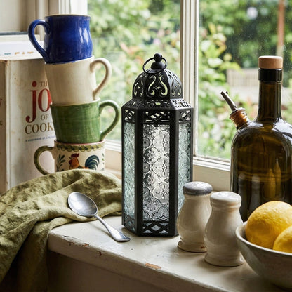 Moroccan Candle Lantern Holder - Decorative Metal & Glass Lantern with Embossed Floral Design for Indoor Home Decor, Garden, Patio, Weddings, Ramadan, Halloween & Holiday Celebrations - 10.5" Tall Medium Size