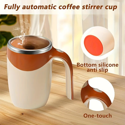 Self Stirring Coffee Mug with Magnetic Stirring Technology – 13.3oz Stainless Steel Travel Mug, No Battery Needed, Spill-Proof Lid & Ergonomic Handle, Reusable Coffee Cup Gift Set – White & Beige