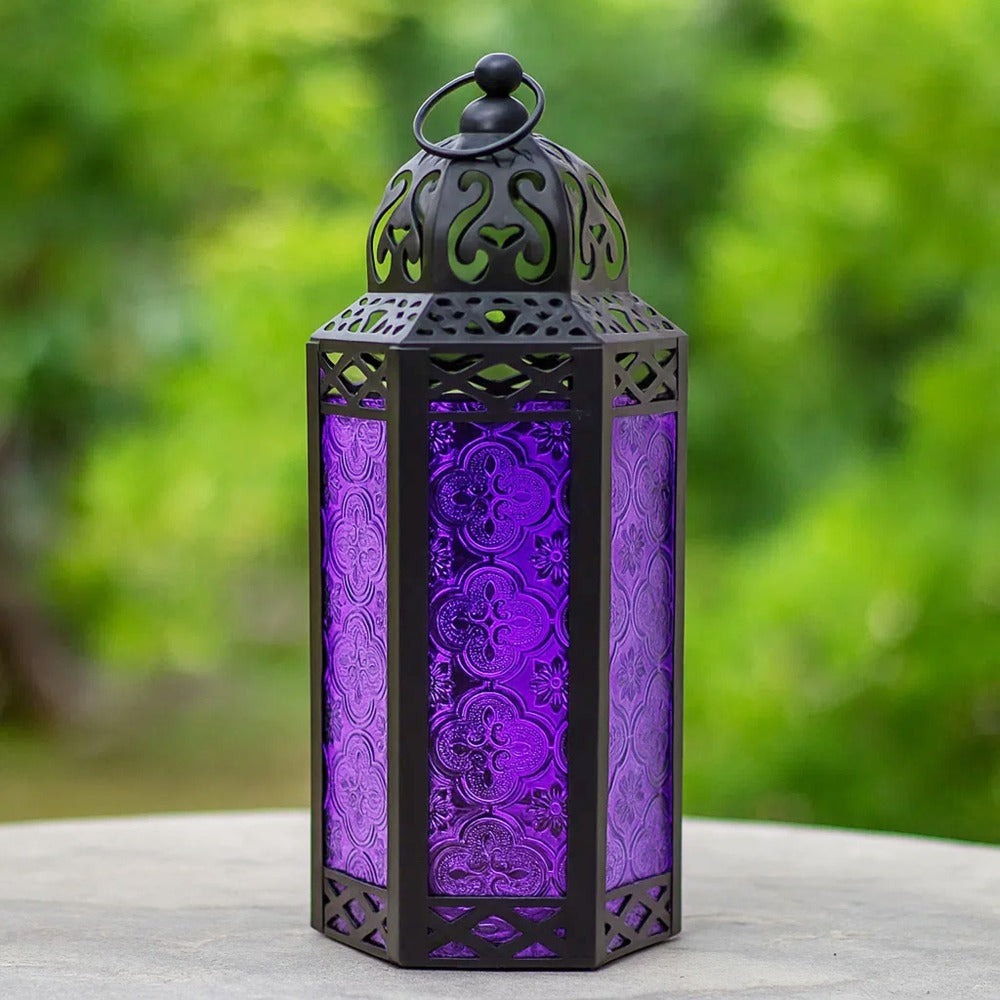 Moroccan Candle Lantern Holder - Decorative Metal & Glass Lantern with Embossed Floral Design for Indoor Home Decor, Garden, Patio, Weddings, Ramadan, Halloween & Holiday Celebrations - 10.5" Tall Medium Size
