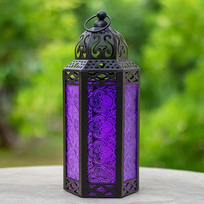 Moroccan Candle Lantern Holder - Decorative Metal & Glass Lantern with Embossed Floral Design for Indoor Home Decor, Garden, Patio, Weddings, Ramadan, Halloween & Holiday Celebrations - 10.5" Tall Medium Size