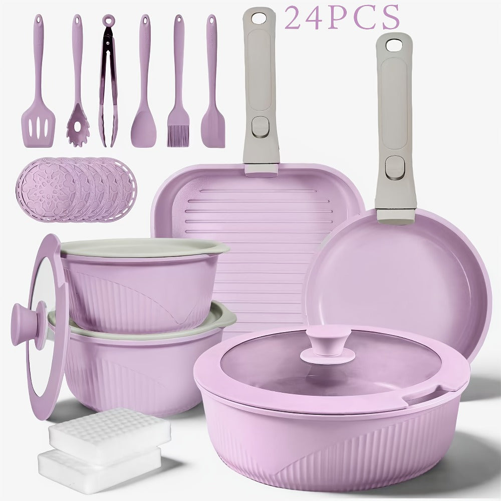 Nonstick Cookware Set 5/7/24 Piece Induction Ready with Detachable Handles – Stackable Pots & Pans Set Includes Skillet Frying Pan Soup Pot Steak Pan for Home RV Kitchen, Multiple Colors