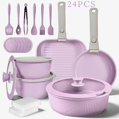 Nonstick Cookware Set 5/7/24 Piece Induction Ready with Detachable Handles – Stackable Pots & Pans Set Includes Skillet Frying Pan Soup Pot Steak Pan for Home RV Kitchen, Multiple Colors