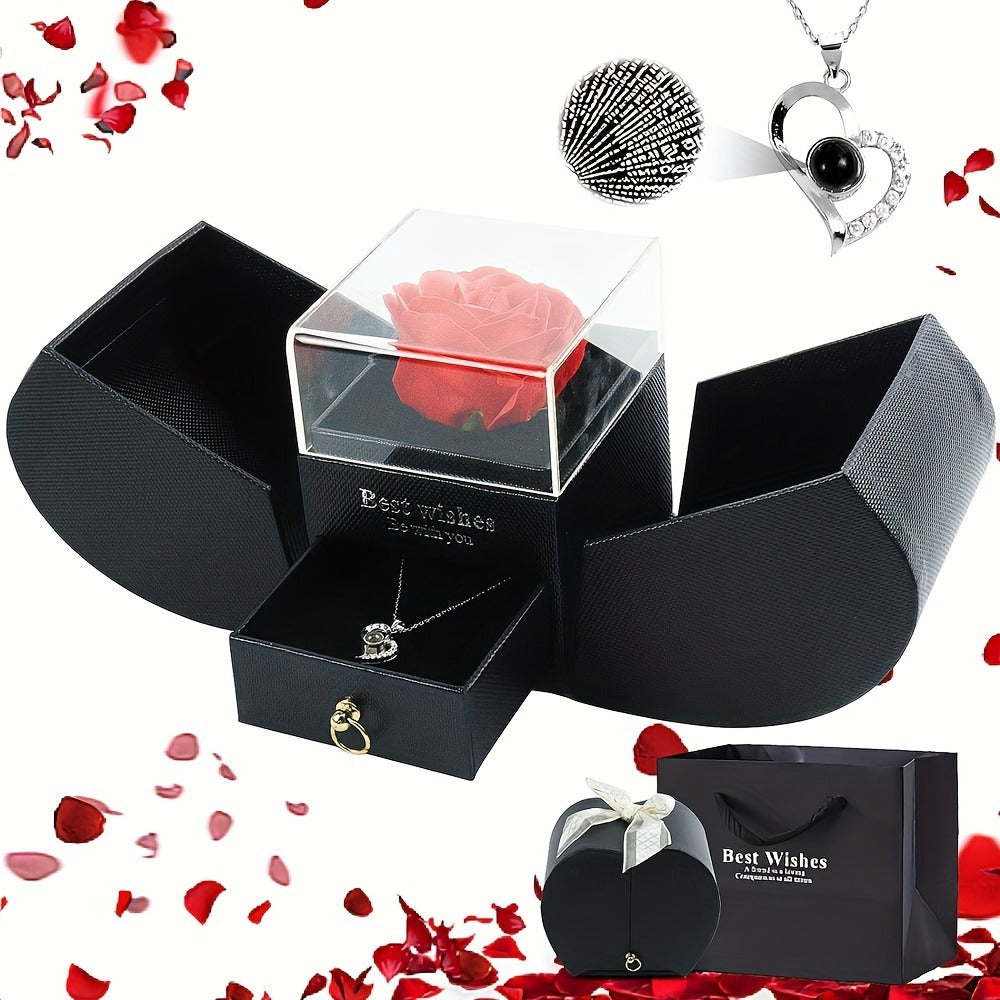 Preserved Real Rose Gift Box with I Love You in 100 Languages Necklace – Romantic Gifts for Girlfriend Wife Mom – Valentine's Day Birthday Mother's Day Christmas Gift Idea for Women