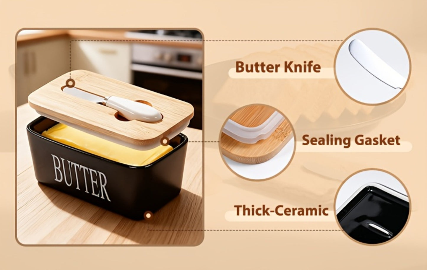 Ceramic Butter Dish with Lid and Knife – Large Countertop Butter Keeper, Airtight Seal, Easy-Clean Design, Multiple Colors – Kitchen Gift for Butter Lovers