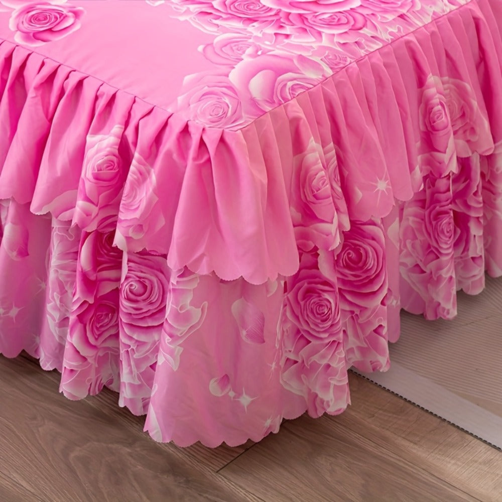 Floral Bed Skirt Set 3-Piece – 1 Ruffled Dust Ruffle Bed Skirt + 2 Pillowcases | Peony & Botanical Print | Double-Layer Hem | Machine Washable Polyester Bedding | 150, 180 & 200cm