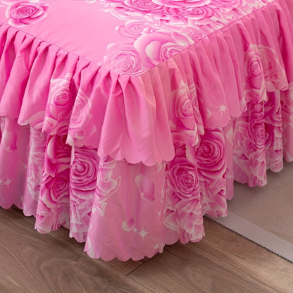 Floral Bed Skirt Set 3-Piece – 1 Ruffled Dust Ruffle Bed Skirt + 2 Pillowcases | Peony & Botanical Print | Double-Layer Hem | Machine Washable Polyester Bedding | 150, 180 & 200cm