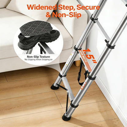 Telescoping Extension Ladder Aluminum Heavy Duty 330 LBS – 6.5 / 8.5 / 10.5 / 12.5 FT Folding Telescopic Ladder, Easy Store, Multi-Purpose for Roof Repair, Painting, Gutter Cleaning & Outdoor Work