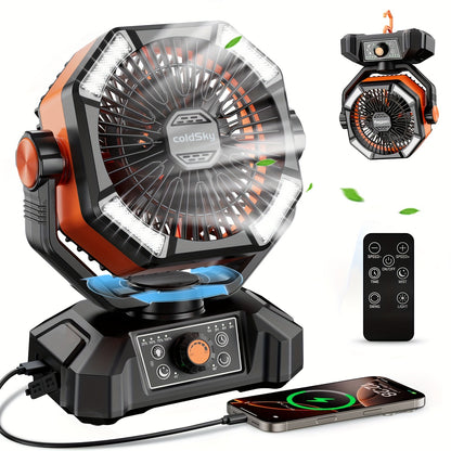 Battery Powered Camping Fan 20000mAh - 8-Speed Dual Motor Desk Fan with 4 LED Lanterns, Hook & Remote Control | Portable Outdoor Fan for Tent, Power Outage & Construction Site | Green, Black & Orange