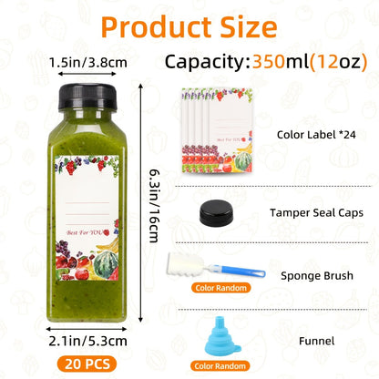 Plastic Juice Bottles with Lids - Clear Reusable Drink Containers for Juice Smoothies Water and Beverages, Available in 12oz and 16oz in Sets of 20, 36, 56 or 100, Includes Funnel and Cleaning Brush