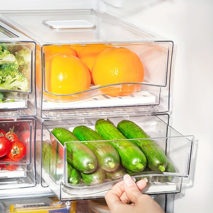 Stackable Fridge Organizer Bins with Drawer, BPA-Free Refrigerator Storage Containers with Drain Board & Ventilation, Clear Food Storage Bins for Kitchen Pantry Freezer, Set of 2
