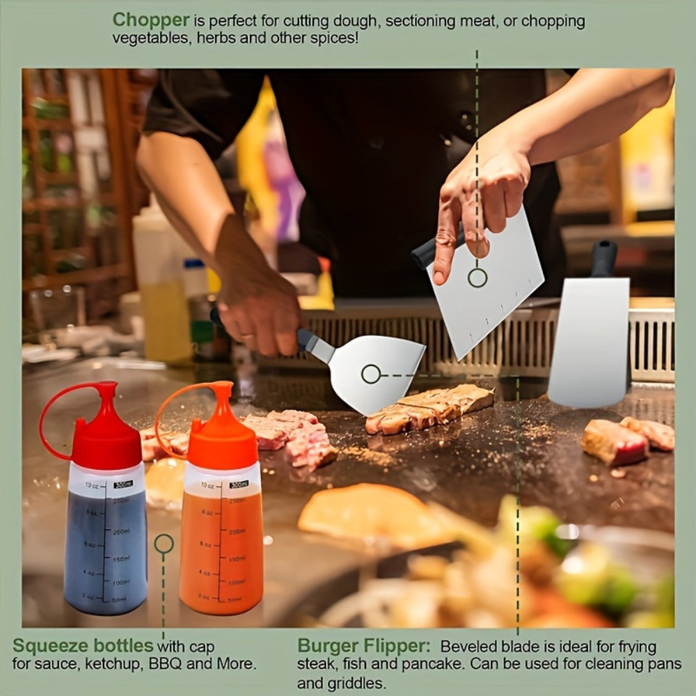 BBQ Grill Tool Set 8/17pcs – Teppanyaki Meat Press & Barbecue Accessories for Outdoor Camping, Kitchen & Parties