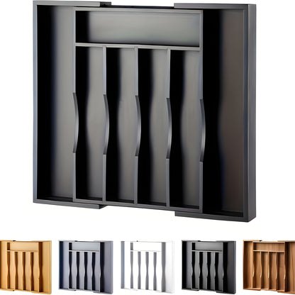 Silverware Organizer Adjustable Drawer Organizer | Utensil & Cutlery Storage Tray for Kitchen Drawer | Expandable Knife Fork Spoon Holder 22.4" x 15" x 2" | Kitchen Organization & Storage in Black Grey White