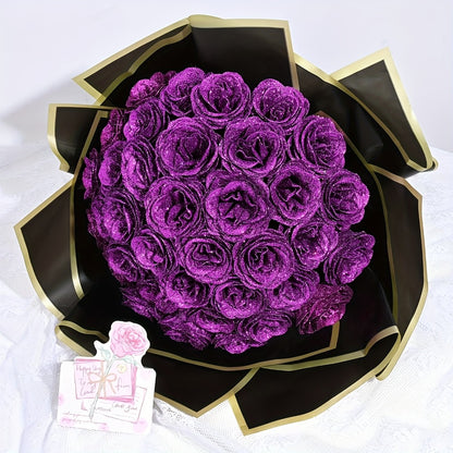Artificial Rose Bouquet 24 Glitter Roses with 6 Golden Butterflies, Everlasting Shiny Fake Flower Bouquet for Wedding, Anniversary, Engagement & Home Decor | Purple, Red, Pink, Blue