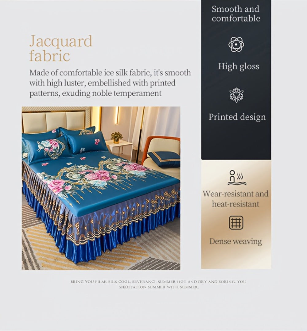 Floral Ruffle Bed Skirt Cool Mat 3 Piece Set with Pillowcase, Double Layer 360° Full Wrap Washable Cooling Mattress Cover, Breathable Summer Bedding Set for Twin Full Queen King, Parisian Romantic Floral