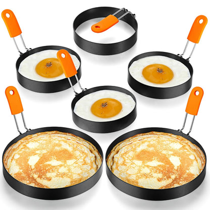 Egg Ring Set 6pcs Nonstick Stainless Steel Pancake Mold 4 Inch and 6 Inch Silicone Handle Round Griddle Shaper for Eggs Omelettes Pancakes Sandwiches Breakfast Cooking