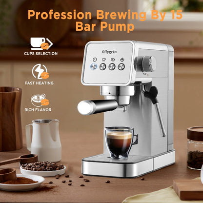 Espresso Machine 20 Bar with Steam Milk Frother | Compact Stainless Steel Espresso Maker | 40oz Removable Water Tank | Cappuccino Latte Coffee Machine for Home & Office | Model AZ-EM1502