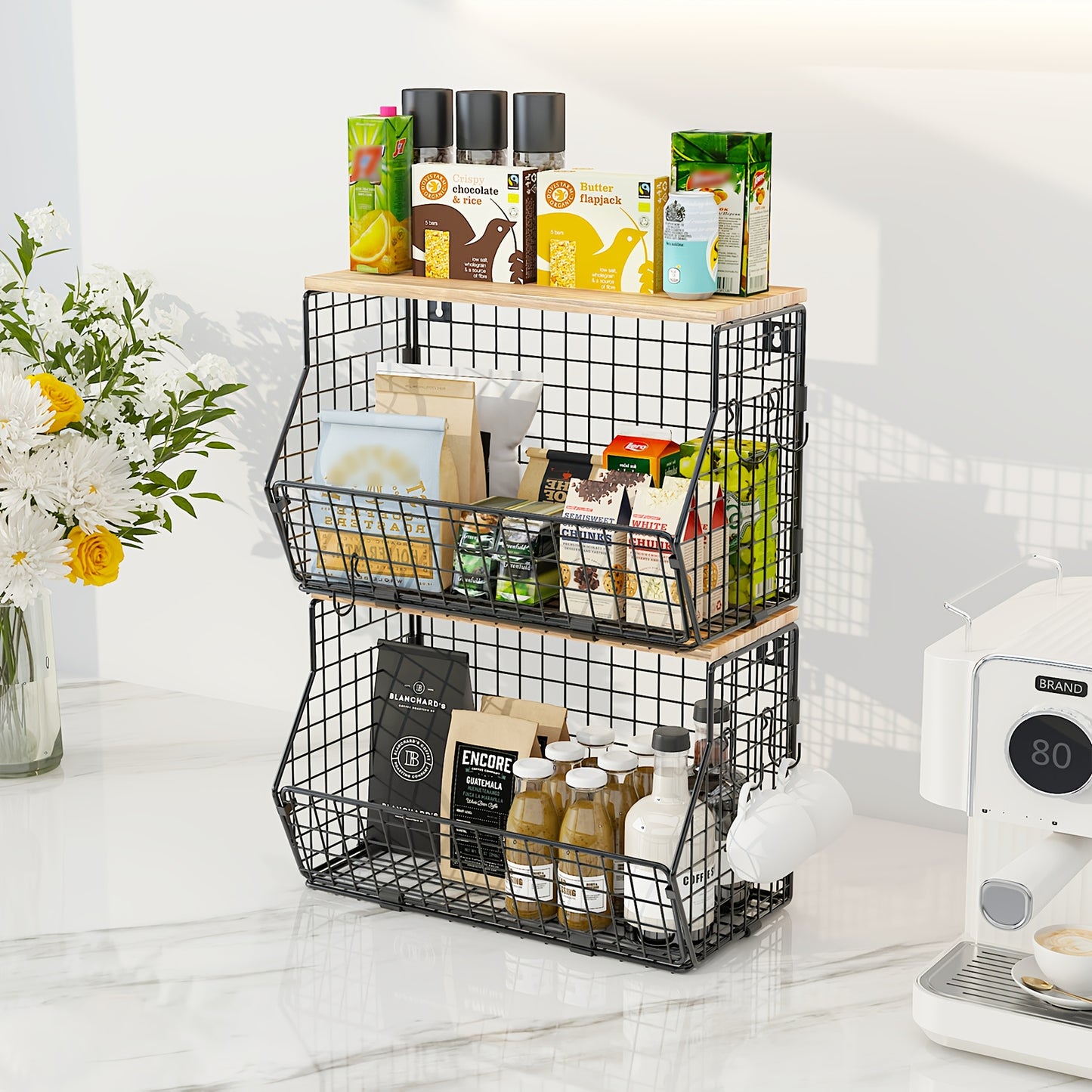 Stackable Metal Wire Fruit Basket with Lid – 1 or 2-Tier Hanging Kitchen Pantry Storage Bin, Wall-Mounted or Countertop Vegetable Organizer for Potato, Onion & Produce, Black