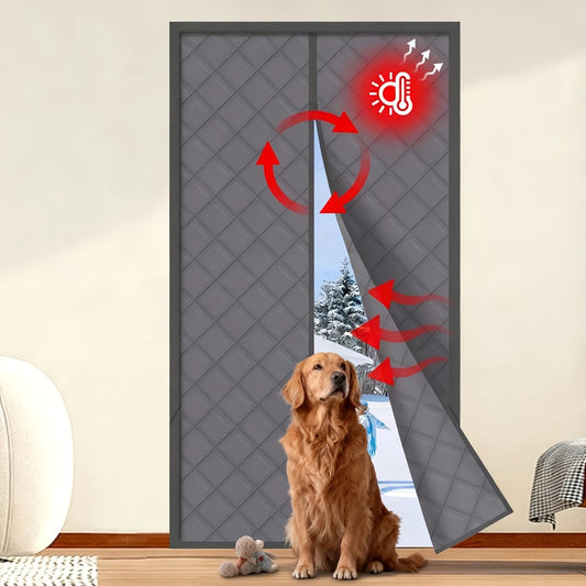 Thermal Insulated Door Curtain Magnetic Closure Knit Plaid Pattern – Windproof Insulation Blanket for Front Door, Sliding Glass, Patio & French Doors, Keep Cold Out, Grey & Brown, Multiple Sizes