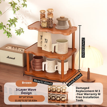 Ladder Cup Holder Rack 2-3 Tier Wave Style | Countertop Organizer for Coffee Mugs Teacups Water Glasses | Kitchen Counter Dining Table Entryway Dessert Display Shelf Brown