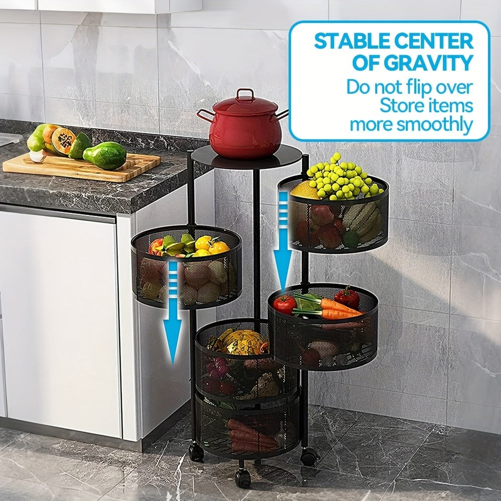 Rotating Storage Rack Multi-Tier Rolling Cart – 360° Swivel Round Floor Standing Organizer with 4 or 5 Layers, Vegetable Basket & File Rack for Kitchen, Bathroom, Office & Living Room (Black / White)