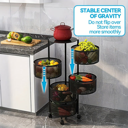 Rotating Storage Rack Multi-Tier Rolling Cart – 360° Swivel Round Floor Standing Organizer with 4 or 5 Layers, Vegetable Basket & File Rack for Kitchen, Bathroom, Office & Living Room (Black / White)