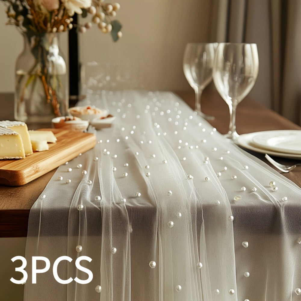 White Pearl Beaded Tulle Table Runner 2.5×9.8ft | Wedding Ceremony Backdrop, Birthday Party & Valentine's Day Romantic Decor, Sheer Mesh Fabric 3PCS