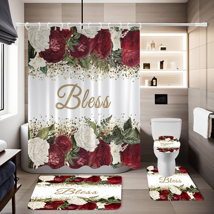 Rose Print Shower Curtain 4-Piece Bathroom Set – Toilet Lid Cover Mat Machine Washable with 12 Hooks Elegant Floral Decor